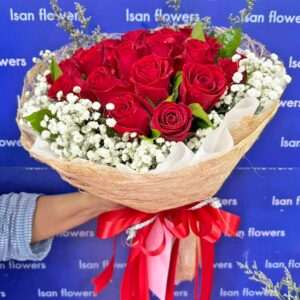 9-25 Big Red Roses in Brown - Round Bouquet A