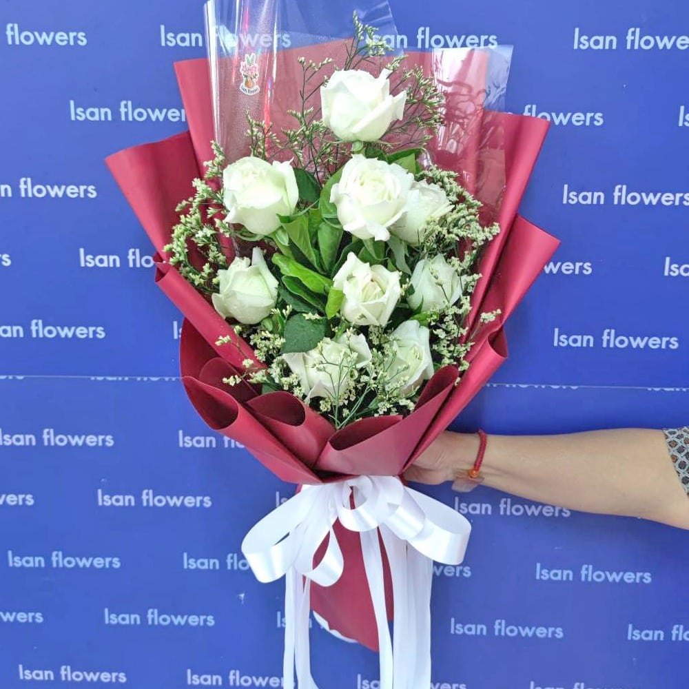9 big white roses in red tall bouquet a